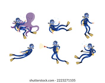 Scuba Diver Diving with Snorkeling Mask and Goggles Floating Underwater with Octopus and Flashlight Vector Set