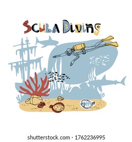 scuba diver in a diving suit with mask, oxygen tank & flippers, reef sharks, corals & flounders, vector illustration with black ink contour lines isolated on a white background in a hand drawn style