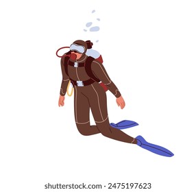 Scuba diver diving, swimming underwater. Person in undersea suit with goggles, mask, fins and oxygen tank. Aquatic adventure, exploring under sea. Flat vector illustration isolated on white background