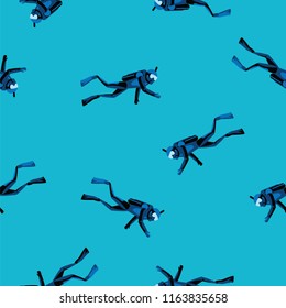 Scuba diver diving under water in blue sea seamless pattern. Diving in ocean and sea, underwater swimming and water sport