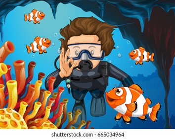 Scuba diver diving underwater with clownfish illustration