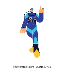 Scuba diver in equipment and blue water protective suit, flat cartoon vector illustration isolated on white background. Scuba or aqualung diving cartoon character.