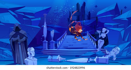 Scuba diver explore sunken city on sea bottom. Woman floating above wreck ancient old architecture columns and broken statues in underwater world, female character in ocean Cartoon vector illustration