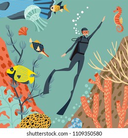 Scuba diver explores coral reef. Sea life. Vector illustration in cartoon style