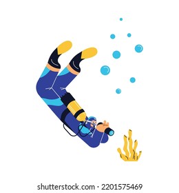 Scuba diver exploring coral reef with binocular, flat vector illustration isolated on white background. Concepts of diving school or club. Character swimming underwater with mask and oxygen tank.
