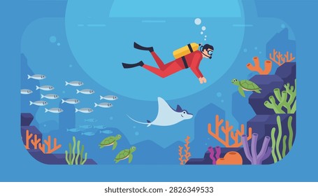Scuba diver exploring the deep ocean near coral reef swimming alongside stingray sea turtles and school of fish.