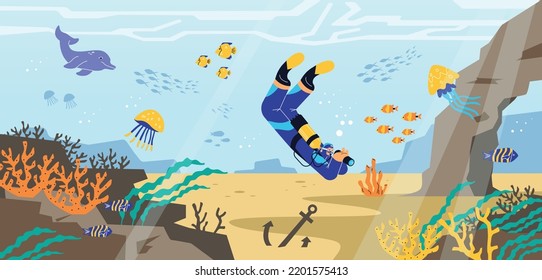 Scuba diver exploring seabed flat style, vector illustration. Corals and seaweeds, fishes, dolphin and underwater inhabitants. Special diving equipment, anchor in sand, underwater landscape