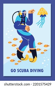 Scuba diver exploring underwater life surrounded by jellyfish and fishes, poster template flat vector illustration. Scuba diving advertising banner, character swimming with mask and oxygen tank.