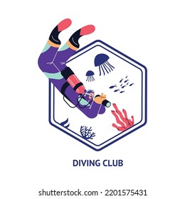 Scuba Diver Exploring Underwater Life With Binocular, Flat Vector Illustration Isolated On White Background. Diving Club Icon Design, Summer Vacation Activities Concept.