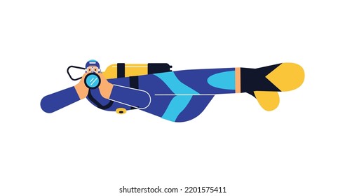 Scuba diver exploring underwater with spyglass, flat vector illustration isolated on white background. Concepts of adventure, exploration, sport and summer activities.