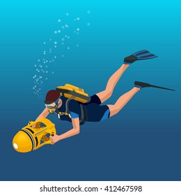 Scuba diver extreme diving sport. Water sport activity. Vacation leisure.Can be used for advertisement, infographics, game or mobile apps icon.
