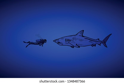 A scuba diver face off with a great white shark in deep sea. Hand drawn vector illustration.