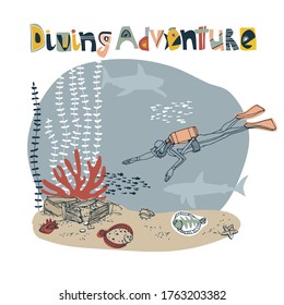buceo encontrando un cofre del tesoro, concepto de aventura de buceo, tiburones de arrecife, corales, flounders, ilustración del vector de color con líneas de contorno aisladas en un fondo blanco en un estilo plano y dibujado a mano