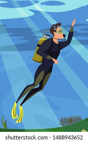 Scuba diver flat vector illustration. Diving, snorkeling, ocean marine life and sea bottom researching. Explorer cartoon character