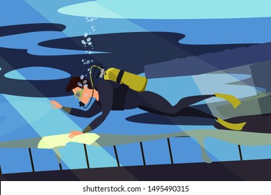 Scuba diver flat vector illustration. Diving, snorkeling, ocean marine life and sea bottom researching. Explorer holding map cartoon character