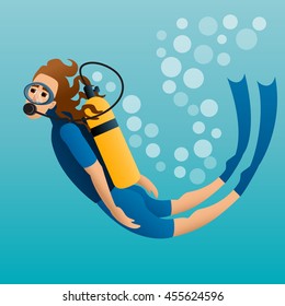 Scuba diver floats in water. Vector Image.