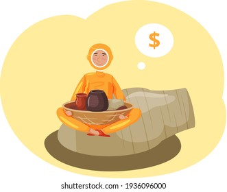 Scuba diver found an ancient pottery underwater. Swimming diver isolated sign in flat cartoon style