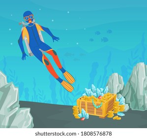 Scuba Diver fand Open Treasure Brust of Gold am Meeresboden, Lost Pirate Treasures Cartoon Vektorgrafik