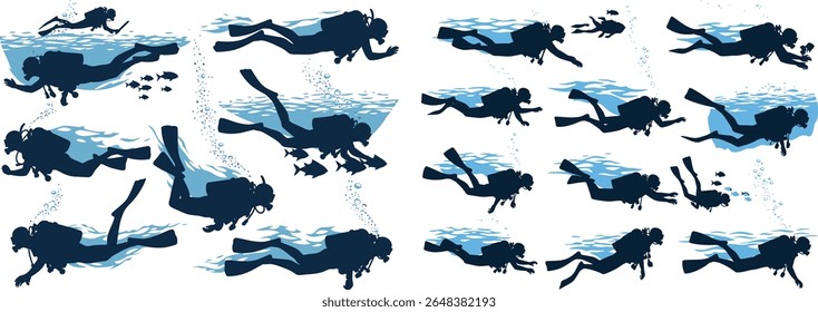 Scuba Diver and Free diver Silhouette Vector Collection