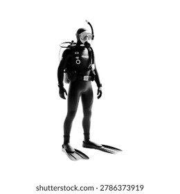 Scuba diver in full diving gear illustration in monochrome halftone style isolated on light background.