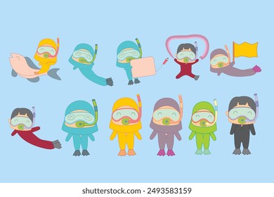 Scuba diver girl and boy Vector illustration in flat vector style. A happy diver swimming underwater