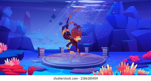 Scuba diver girl explore sea bottom with ancient mysterious artifacts, round stone plate with curved pattern. Game scene woman floating above old underwater architecture, Cartoon vector illustration