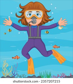 Scuba Diver Girl Swimming Cartoon