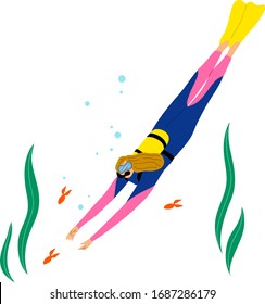 Scuba diver girl swimming underwater and diving with fishes in deep-sea or ocean. Vector illustration in the flat cartoon style.