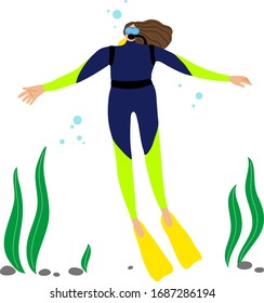 Scuba diver girl swimming underwater and diving in deep-sea or ocean. Vector illustration in the flat cartoon style.