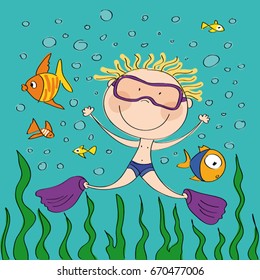 Scuba diver - happy boy swimming in the sea - original hand drawn illustration