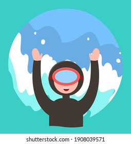 Scuba diver happy person in snorkeling mask and swimming suit. Extreme diving sport. Underwater man diver, looks out of the water and waves his hands. Simple vector illustration on blue background