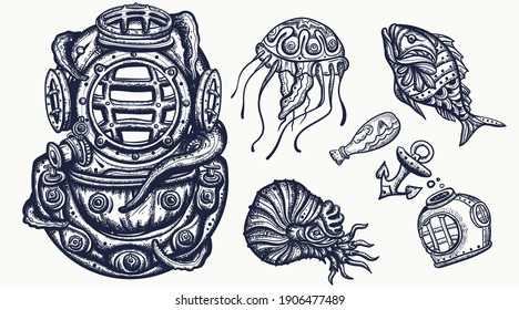 Casco de buceador de Scuba, medusas. Elementos para el submarinismo profundo. Arte vectorial del tatuaje de la vieja escuela. Juego de personajes de caricatura dibujado a mano. Aislado en blanco. Vida marina submarina. Estilo tradicional de tatuaje