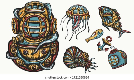 Scuba diver helmet, jellyfish. Underwater sea life. Traditional tattooing style. Deep water diving elements. Old school tattoo vector art. Hand drawn cartoon character set. Isolated on white 