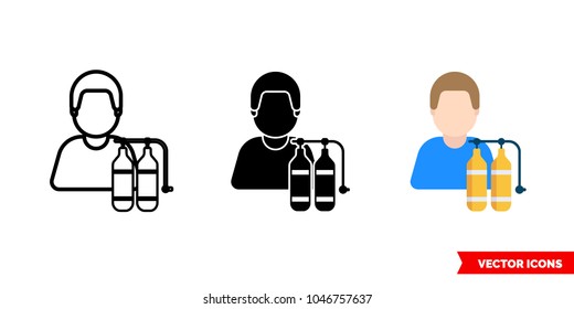 Scuba diver icon of 3 types: color, black and white, outline. Isolated vector sign symbol.