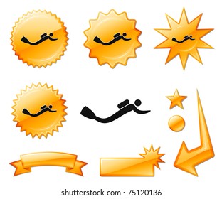 Scuba Diver Icon on Orange Burst Banners and Medals Original Vector Illustration