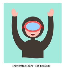 Scuba diver isolated on blue background. A man with a diving mask raises his hands. A male character is swimming underwater in a wetsuit. Tourist attractions in Jeju Island vector illustration