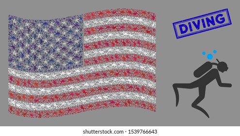 Scuba diver items are organized into American flag stylization with blue rectangle distressed stamp watermark of Diving text.