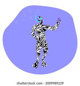 scuba diver makes selfie striped suit dives under water smartphone in hand flippers zebra bubbles funny comic cartoon character extravagant swims