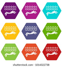 Scuba diver man in diving suit icon set many color hexahedron isolated on white vector illustration
