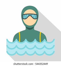 Scuba diver man in diving suit icon. Flat illustration of scuba diver man in diving suit vector icon for web