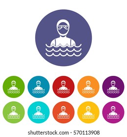 Scuba diver man in diving suit set icons in different colors isolated on white background