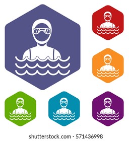 Scuba diver man in diving suit icons set rhombus in different colors isolated on white background