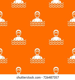 Scuba diver man in diving suit pattern repeat seamless in orange color for any design. Vector geometric illustration