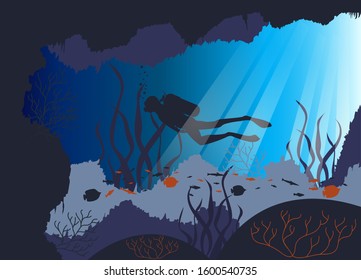 Scuba diver man swimming underwater in sun rays. Flat style vector isolated illustration. vector
