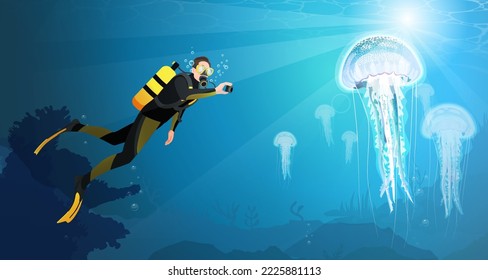 Scuba diver man swimming underwater in ocean, take a photo big jellyfish with camera. Diving sport in wetsuit with oxygen tank, gear, equipment, aqualung, fins on deep seabed. Flat vector illustration