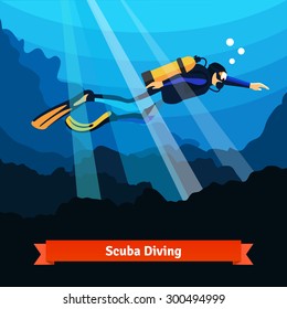 Scuba diver man swimming underwater in sun rays. Flat style vector isolated illustration.