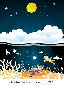 Scuba diver man swimming underwater with cloud and full moon