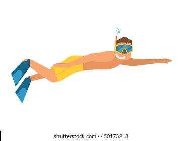 Scuba diver man vector illustration. Snorkeler swimming guy isolated on white background. Underwater sportsman with snorkel mask and flippers. Skin diver or snorkeler character isolated on white.