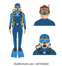 Scuba diver man in wetsuit in full height. Aqualanger and snorkeler in water suits. Underwater sportsmen avatars.