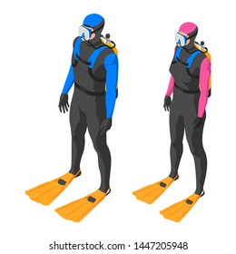Scuba diver. Man and woman in diving suit on white background. Flat vector illustration of an isometric view.